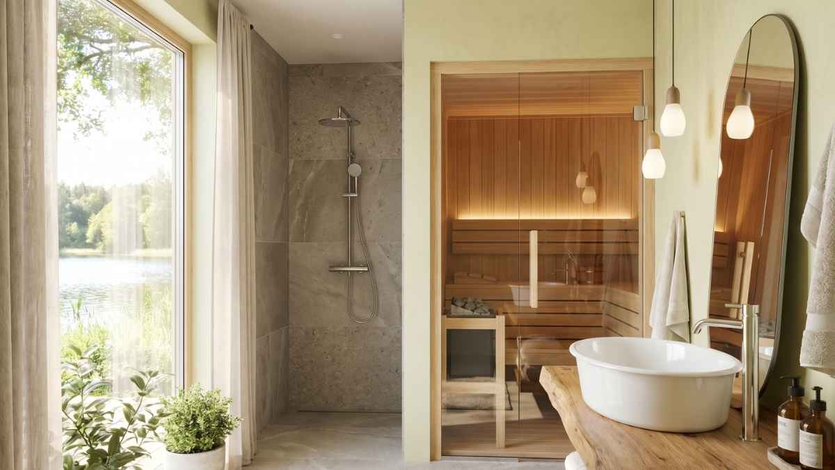 Modernes Badezimmer mit Dusche, Sauna, freistehendem Waschbecken und Blick ins Grüne.