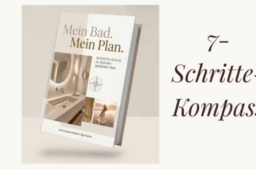 Buchcover mit Bild von einem Badezimmer in sanften Farben mit dem Titel Mein Bad mein Plan, der 7 schritte kompass für deine bad-renovierung