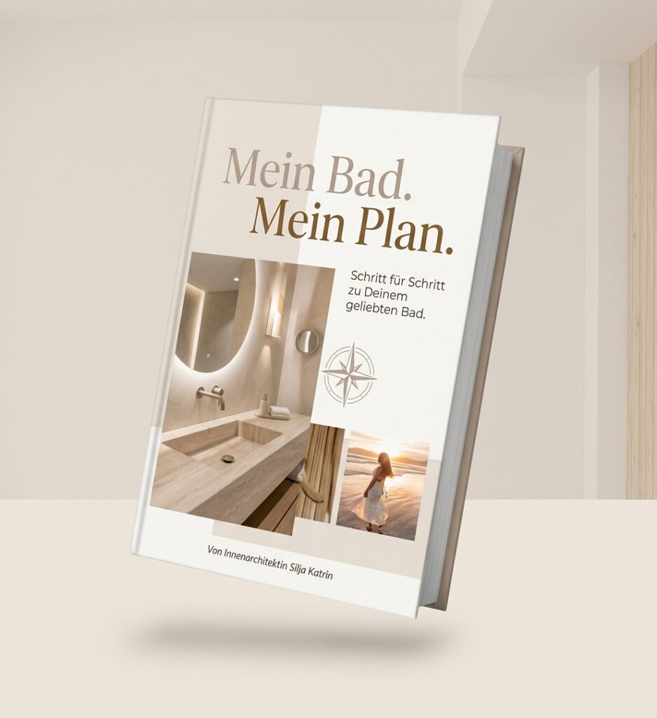 Buchcover mit Bild von einem Badezimmer in sanften Farben mit dem Titel Mein Bad mein Plan, der 7 schritte kompass für deine bad-renovierung