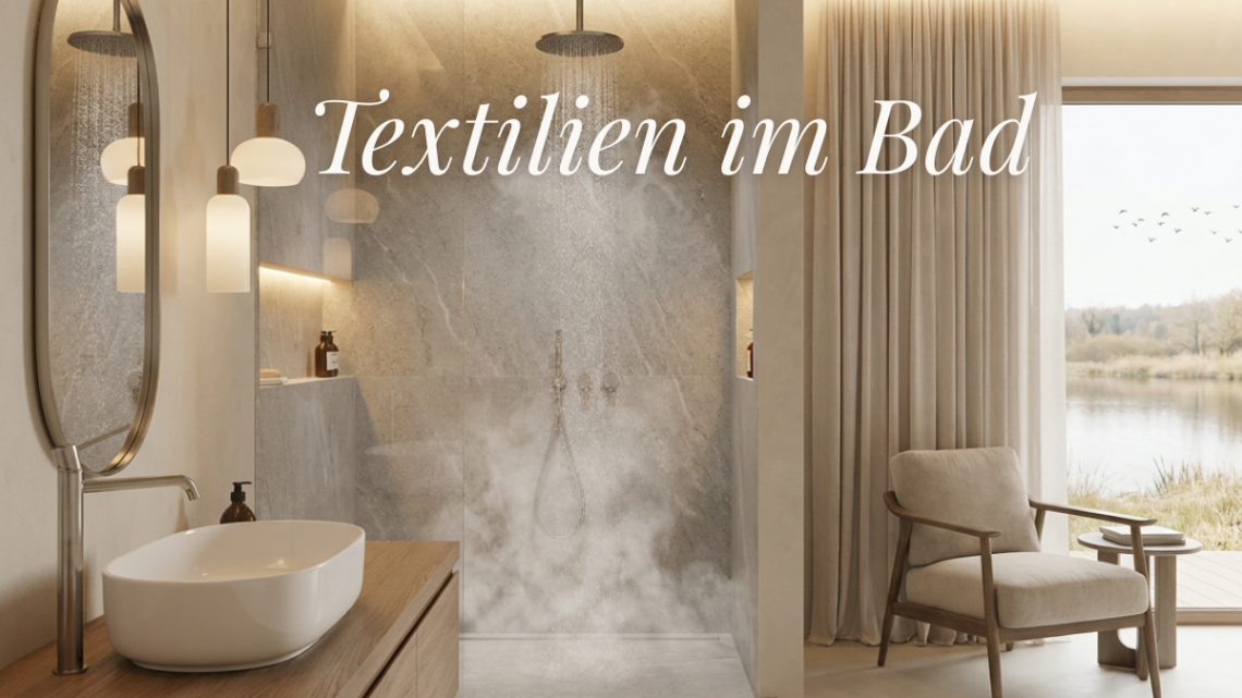 blog009 textilien im badezimmer, harmonische badezimmereinrichtung, mit polstersessel und gardinen, stoff, vorhang