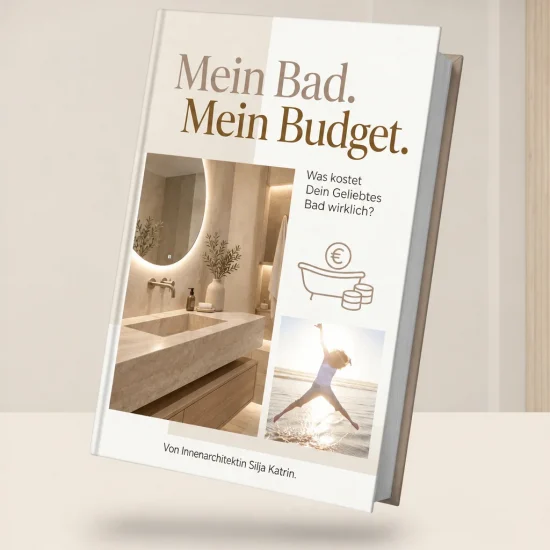 Buchcover mit Bild von einem Badezimmer in sanften Farben mit dem Titel Mein Bad mein Budget, was kostet dein geliebtes bad wirklich bad budget rechner mockup mein bad mein budget